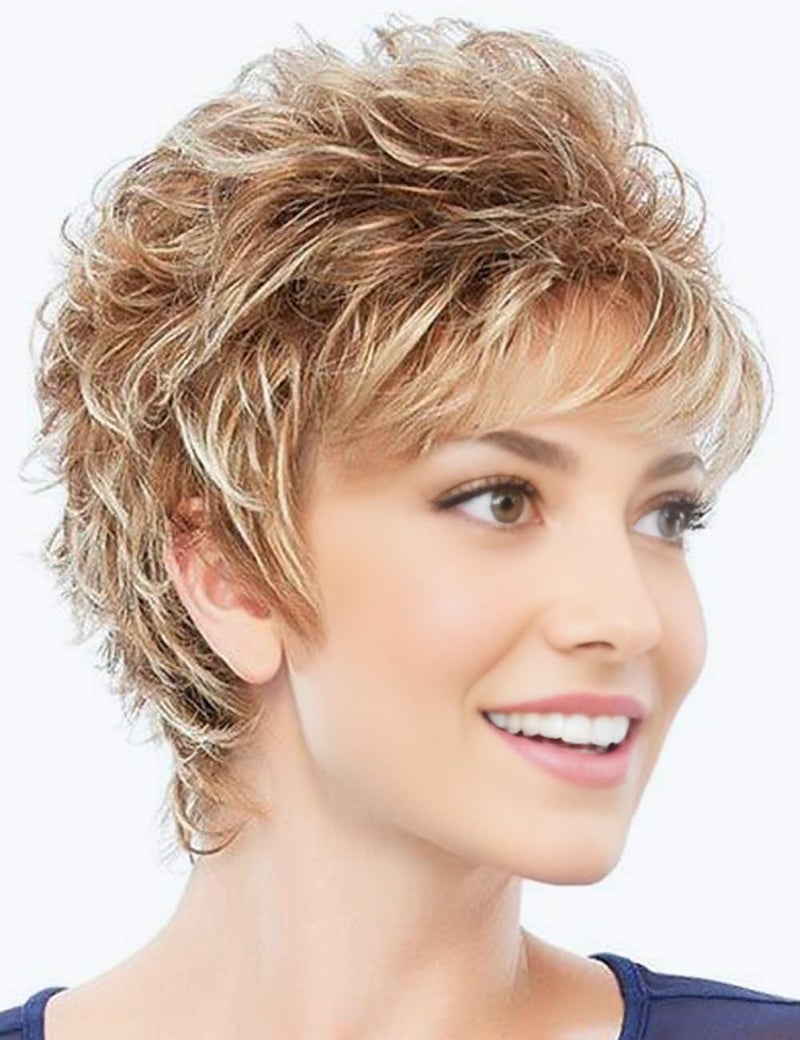 TISHINING Short Mixed Blonde Pixie Cut Wigs for White Women Wavy Layered Blonde Mixed Auburn Shaggy Synthetic Hair Replacement Wig with Bangs